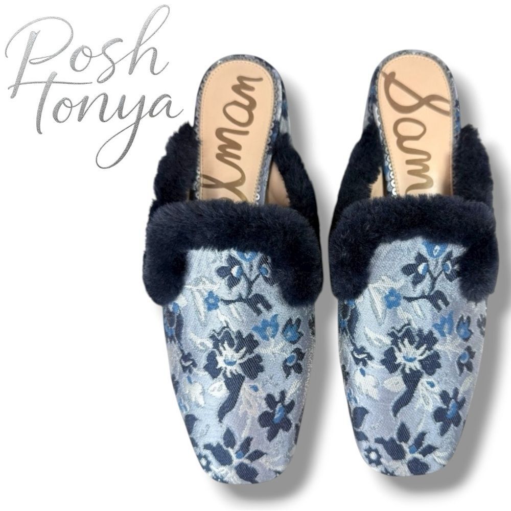 Sam Edelman Adair 2 Blue Floral Jacquard Faux Fur Trim Mules Slides Size 8.5